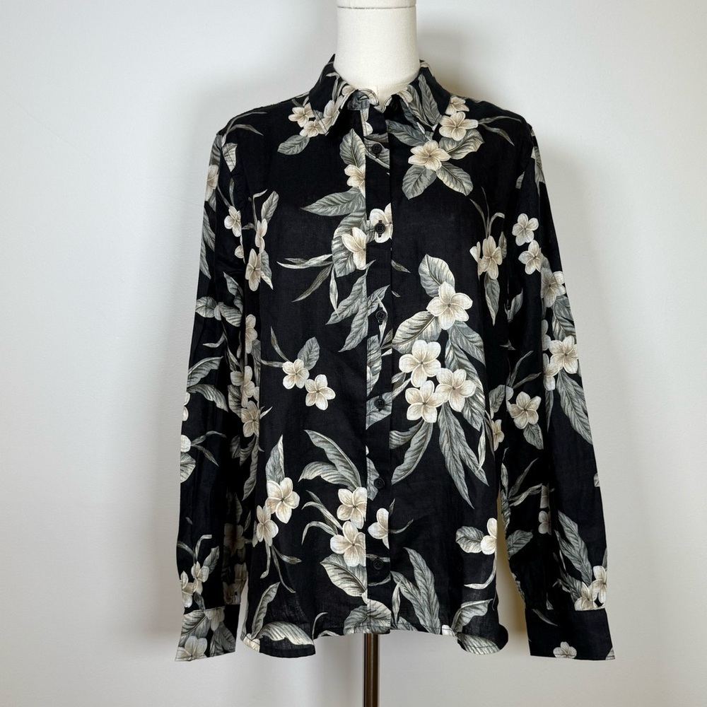 Lands End 100% Linen Black Floral Button-front Shirt Women’s Size Medium (10-12) - Picture 2 of 11